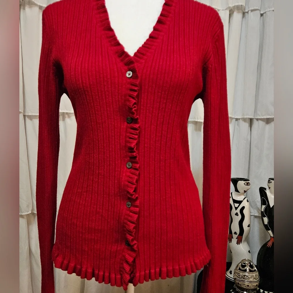 Chic Red Ribbed Ruffle Cardigan Sweater - Picture 2 of 5
